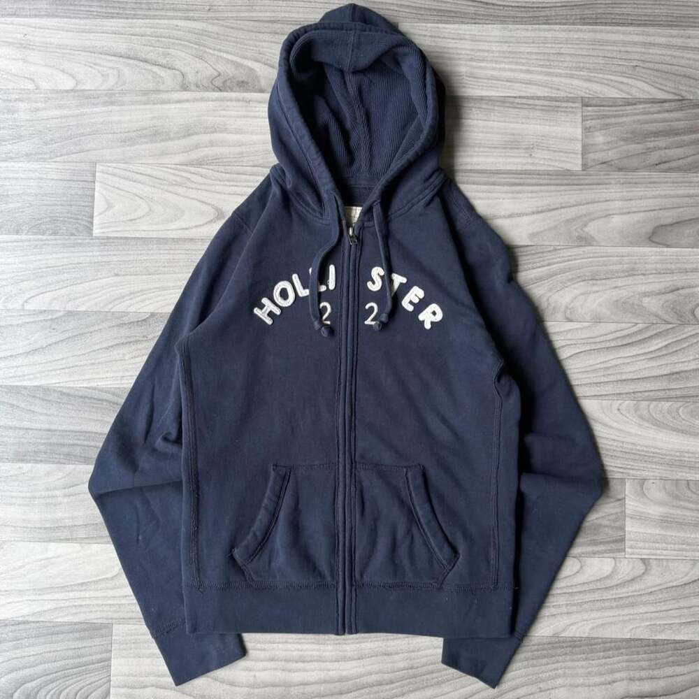 Hollister Zip Up Hoodie Size L Navy Blue Applique Logo